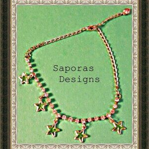 Silver Tone Anklet With Green Star Charms & Clear Crystals